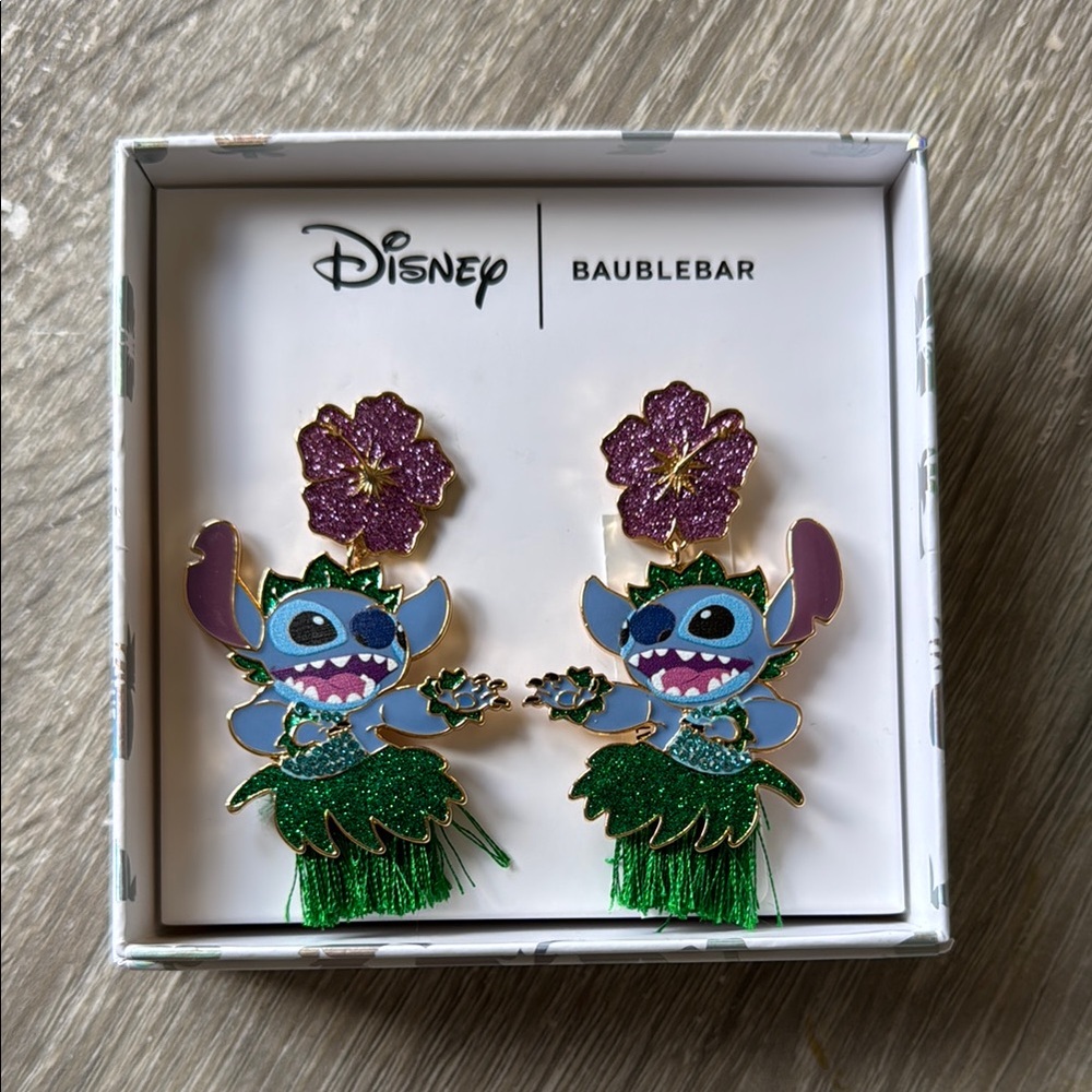 NWT BaubleBar Disney Earrings w/Floral Accents Stitch Hula Purple Green Fringe